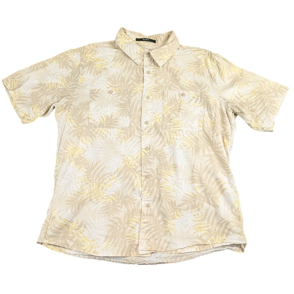 Eddie Bauer Mens Relaxed Fit Tropical Palm Leaf Button Up Shirt Beige Yellow M‎